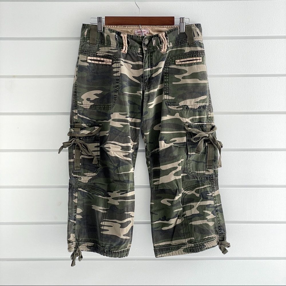 Seduce Brand Women's Cropped Wide Leg Camouflaged Pants Size Large 14 Green Tan
